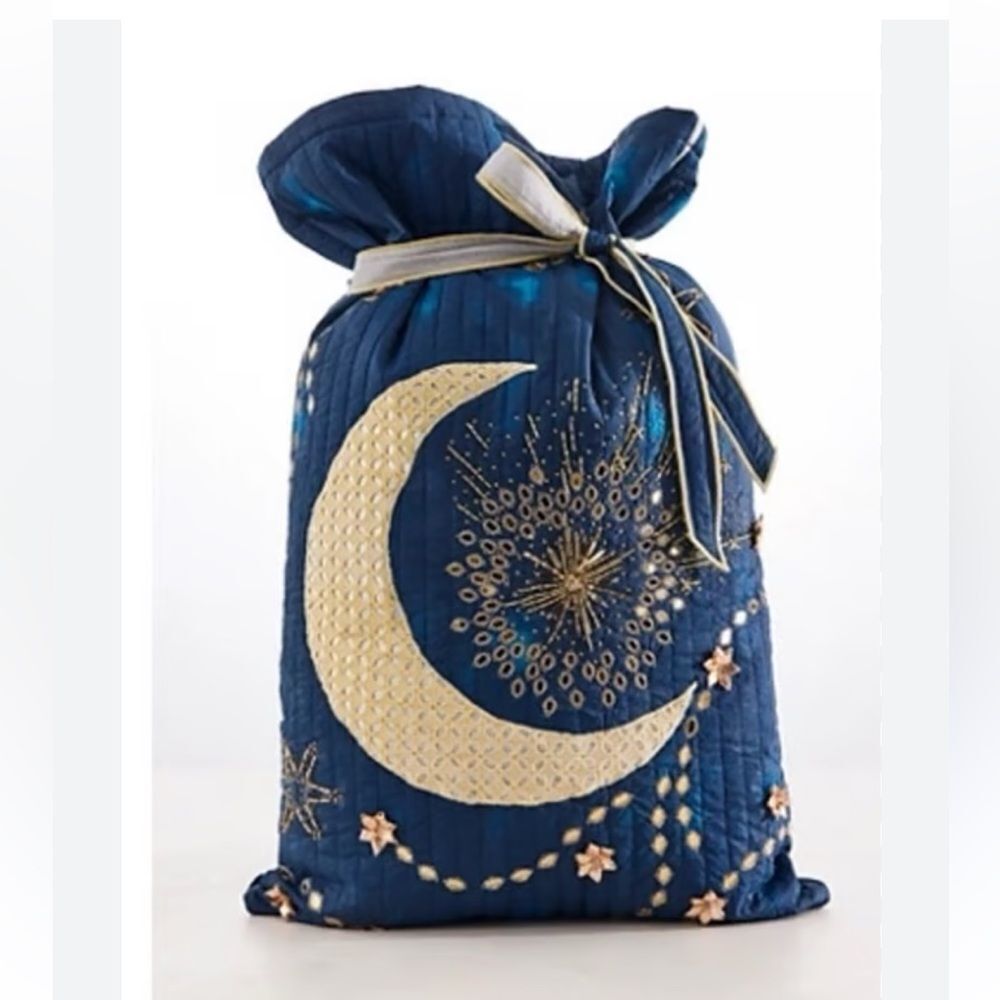 Free People FP One Perfect Present Gift Sack Blue Crescent Embroidered